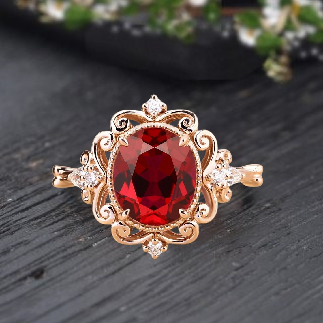 Red garnate nature inspired ring for her wedding gift